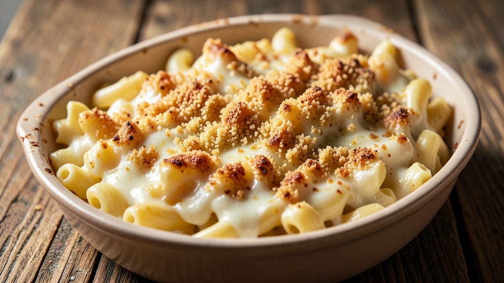 Baked White Cheddar Mac and Cheese Recipe with Bread Crumbs: Double-Baked Crispy Crown, Gooey Core