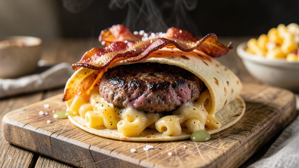 Bacon Mac And Cheese Burger Wrap Recipe: Smoky Cheese Pulls and Crispy Bacon Bites