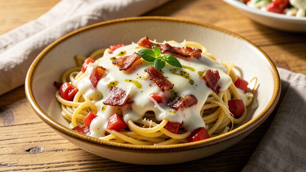 Bacon and Cheese Pasta Recipe: Crispy Pancetta Bites in Creamy Tomato Sauce