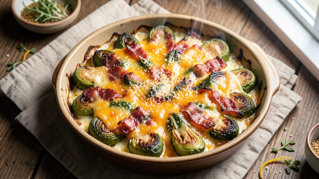 Bacon and Cheese Brussels Sprouts Casserole Recipe: Crispy Top, Melty Layers