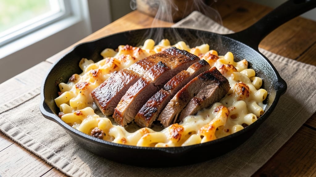Baked Mac and Cheese With Beef Recipe: Hearty One-Pan Dinner With Caramelized Beef Bites