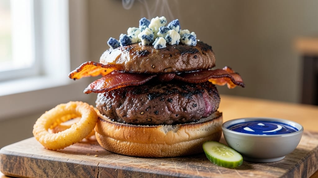 Bacon Bleu Cheese Burgers Recipe: Smoky Crispy Patties with Melty Cheese Rivers