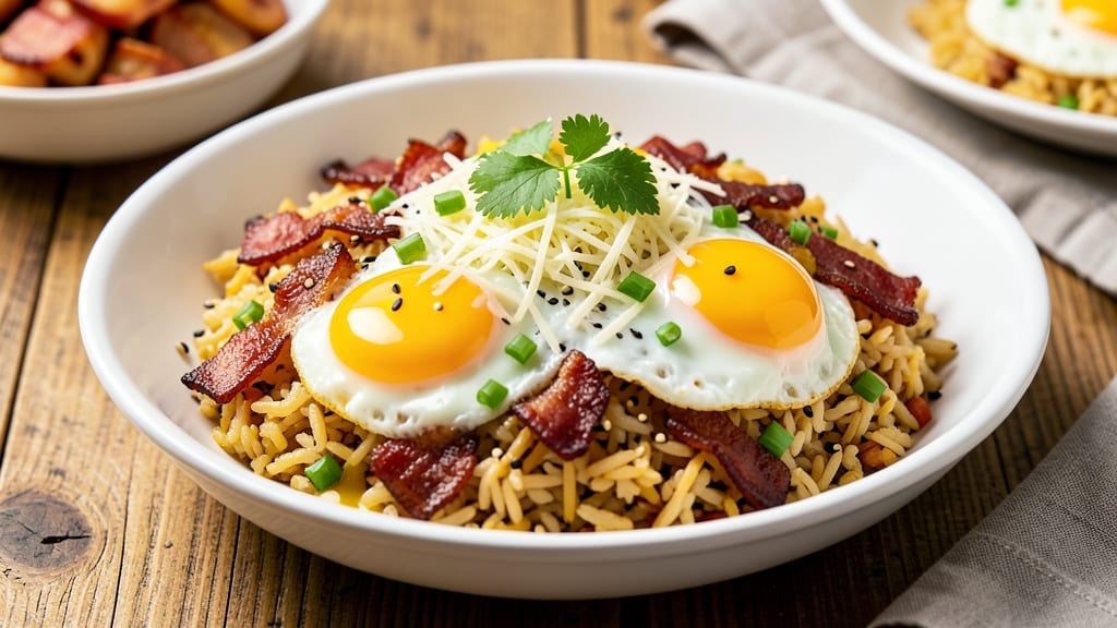 Bacon, Egg, and Cheese Fried Rice Recipe: Crispy Bacon Bites and Soft Scrambled Eggs